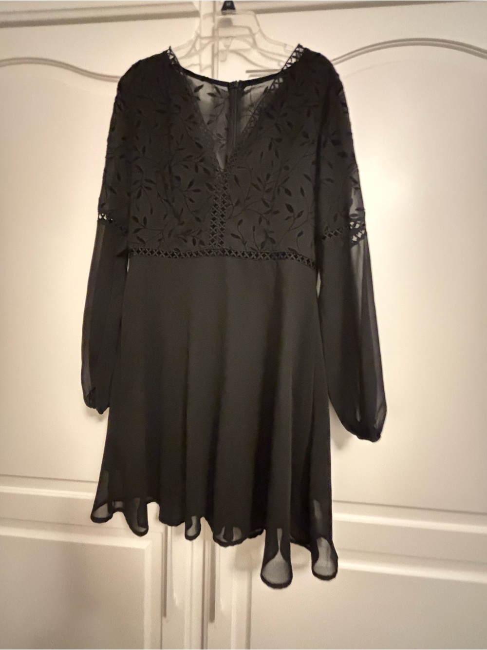 SHEIN Black Long Sleeve Lace Yoke Chiffon Dress